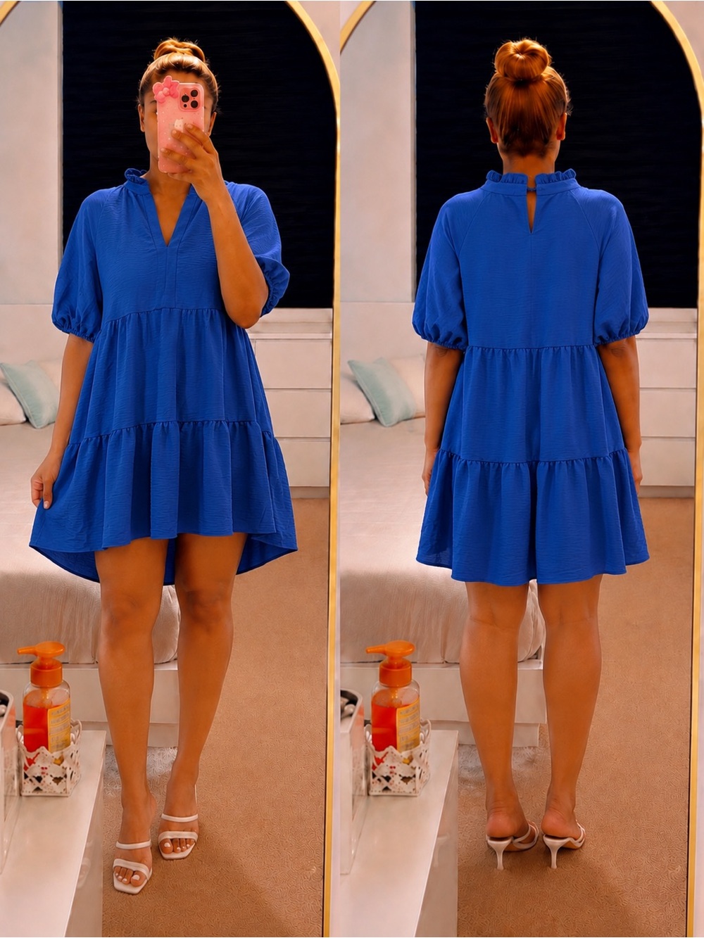 Tiered Short-Sleeve Mini Dress in Royal Blue